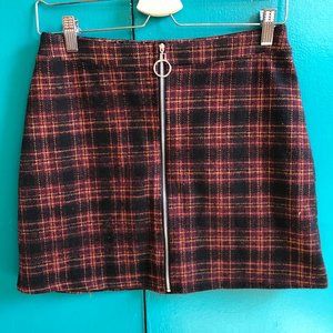 Red plaid zip front mini skirt